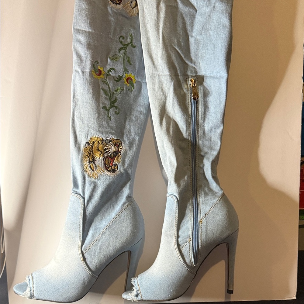 Cape Robbin Light Blue Denim Embroidered Over-the-Knee Peep-Toe Boots